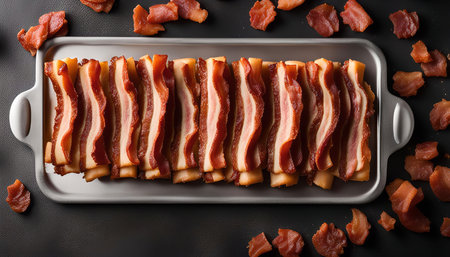 A close-up shot of a tray full of cooked bacon, ready to be eaten. The bacon is arranged in a neat row and has a crispy texture.の写真素材