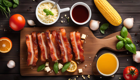 A close-up top view of a wooden cutting board with grilled bacon, tomatoes, corn, basil, orange, garlic, and other side dishes.の写真素材