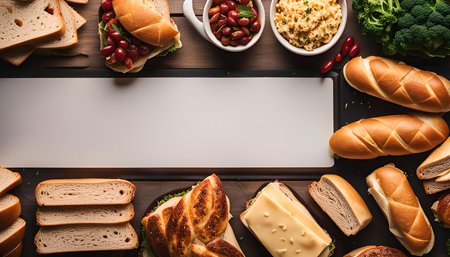 Flat lay of various sandwiches and sides on wooden background.の写真素材