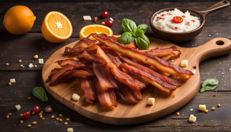 A close-up shot of crispy bacon on a wooden board with orange slices and a small bowl of white sauce, with scattered seeds and spices around.の写真素材