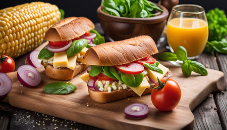 Two freshly made sandwiches with tomatoes, cheese, and onion, served on a wooden board. A perfect summer lunch, quick and easy to make.の写真素材