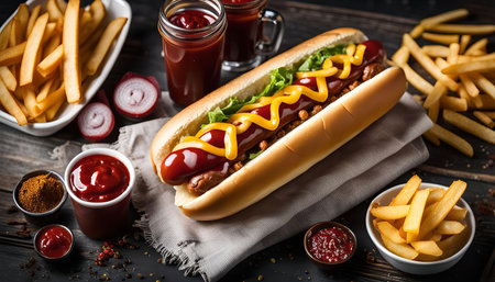 A close up of a delicious hot dog topped with mustard, ketchup, and lettuce served with a side of french fries and ketchup. The hot dog is on a wooden table with napkins, condiments, and seasonings.の写真素材