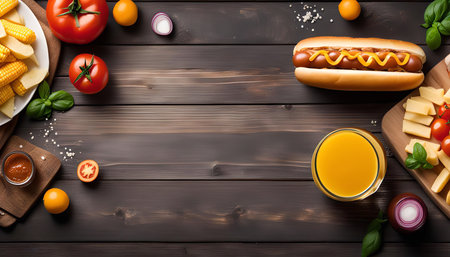 A delicious hotdog with mustard and ketchup, served with cheese, corn, tomatoes, and a glass of orange juice on a rustic wooden table.の写真素材