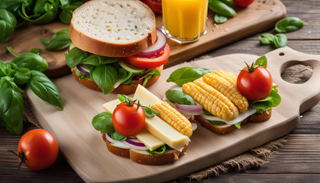 Close-up of three open-faced sandwiches with various fresh vegetables, cheese, and bread on a wooden cutting board.の写真素材
