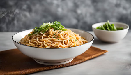A close-up of a bowl of Asian noodles with green garnish, ready to be enjoyed.の写真素材
