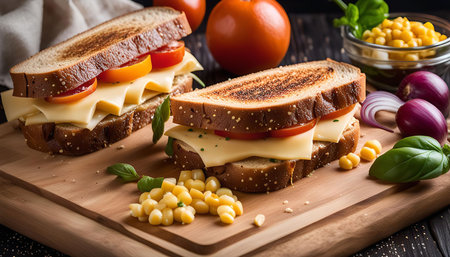 A close-up view of two grilled cheese and tomato sandwiches on a wooden cutting board. The sandwiches are topped with cheese, tomato, and basil. There are also some corn kernels and red onions scattered around the sandwiches.の写真素材
