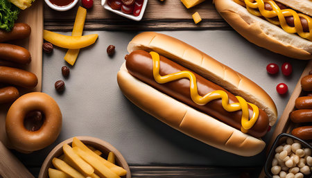 A close-up shot of a classic American hot dog topped with yellow mustard, on a wooden table with other snacks like french fries and a donut. The food is arranged in a flat lay, overhead view photography style.の写真素材
