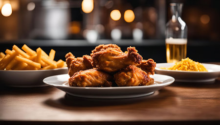 Close up shot of a plate of fried chicken wings with french fries, a bowl of french fries, and a bowl of corn. The food is on a wooden table with a blurry background.の写真素材