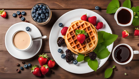 A delectable breakfast spread featuring waffles, coffee, and an assortment of fresh berries, arranged on a rustic wooden table.の写真素材