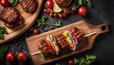 A close-up shot of a grilled pork skewer with vegetables, on a wooden board. It is a delicious and healthy meal perfect for a summer barbecue or picnic.の写真素材