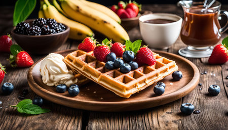 A plate of waffles topped with blueberries, strawberries, and a scoop of vanilla ice cream. The waffles are arranged on a wooden plate and the table is also wooden. There are other fruit and a pitcher of chocolate sauce in the background.の写真素材