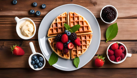A plate of golden waffles topped with fresh berries, cream, and a sprig of mint. The waffles are arranged on a wooden table with blueberries and raspberries in the background.の写真素材