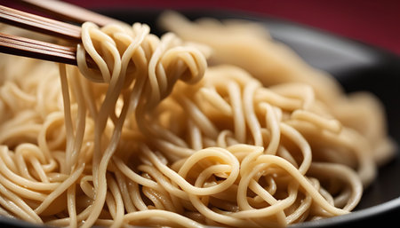 A close-up shot of noodles being lifted with chopsticks. The noodles are light brown and have a soft texture. They are arranged in a bowl and look delicious.の写真素材
