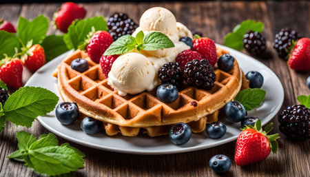 A plate of waffles topped with vanilla ice cream and a variety of fresh berries. The dish is presented on a wooden table and is a delicious and tempting dessert.の写真素材