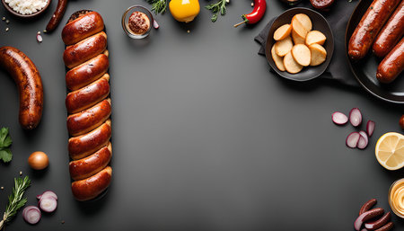 An overhead view of ingredients for a sausage dish, with sausages arranged in the center and other ingredients, such as red onion, lemons, and mustard, surrounding them.の写真素材
