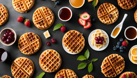 A flat lay of waffles with fresh fruit, syrups, and other breakfast toppings.の写真素材