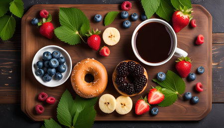 A mouthwatering arrangement of fresh berries, glazed donuts, slices of banana and apple, and a cup of coffee on a wooden table. The image evokes a sense of indulgence and a perfect start to the day.の写真素材