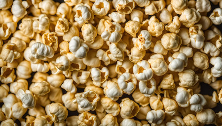 A close-up shot of a pile of popcorn kernels, showing the texture and detail of the freshly popped snack.の写真素材