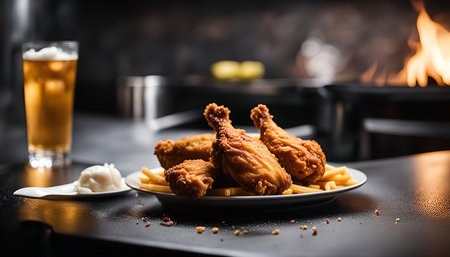 A plate of crispy fried chicken with french fries and a glass of beer. The perfect combination for a satisfying meal.の写真素材