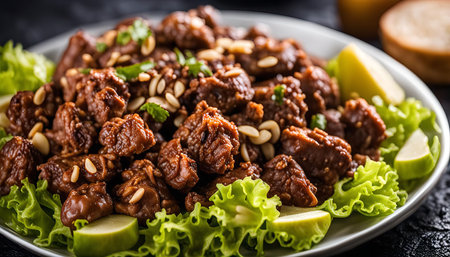A close-up view of a delicious plate of fried chicken with nuts and greens. The chicken is crispy and golden brown, and the greens are fresh and vibrant.の写真素材