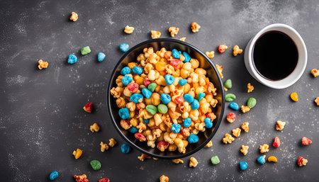 A bowl of colorful candy coated popcorn on a dark background.の写真素材