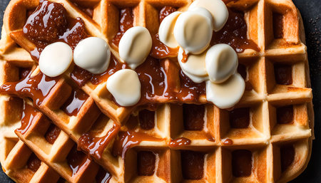 A close-up shot of Belgian waffles topped with caramel sauce and white chocolate pieces, perfect for a delicious and satisfying breakfast or dessert.の写真素材