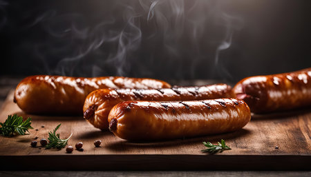 A close-up shot of grilled sausages on a wooden cutting board, steaming and glistening with a dark background.の写真素材
