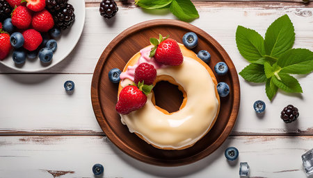 A glazed donut topped with fresh berries, including blueberries, raspberries, and strawberries, on a wooden background. A healthy and tasty treat!の写真素材