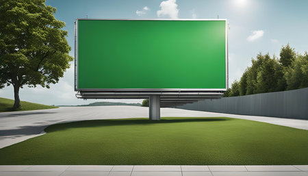A large green screen billboard in a rural setting with a clear blue sky. The billboard is perfect for adding your own content.の写真素材