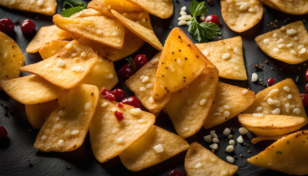 A close-up shot of a pile of crispy savory crackers with white sesame seeds and red chili flakes,...