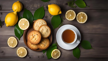 A flatlay of a cup of tea, cookies, and lemon slices on a wooden table. The scene is set with fresh leaves and lemons, creating a calming and inviting atmosphere.の写真素材