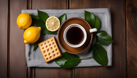 A cup of coffee with lemon and biscuits on a wooden table, a perfect snack for a relaxing moment.の写真素材