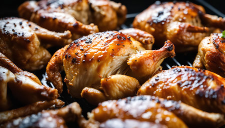A close-up view of grilled quail, showing their golden brown exterior and crispy texture. The quail are arranged on a black grill, with their juicy and flavorful meat ready to be enjoyed.の写真素材