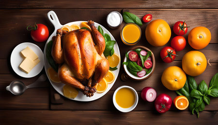 A close-up image of a roasted chicken on a white plate, surrounded by a variety of fresh citrus fruits, vegetables, and herbs on a rustic wooden table.の写真素材