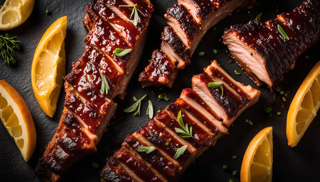 Close-up shot of juicy, barbecue ribs glazed with a sweet and smoky sauce, arranged on a black plate with fresh lemon wedges.の写真素材