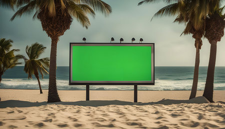 A green screen billboard stands on a tropical beach with palm trees and blue ocean in the background, offering a blank canvas for creative advertising.の写真素材