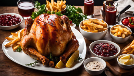 A roasted chicken is served on a white platter, surrounded by a variety of side dishes, including...