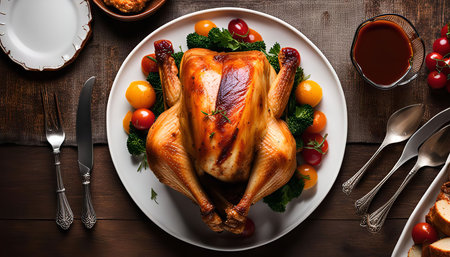 Overhead view of a roasted chicken on a white plate, surrounded by tomatoes, broccoli, and gravy. The chicken is on a wooden table with silverware to the side.の写真素材