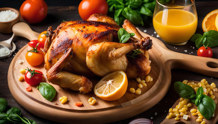 A roasted chicken, perfectly golden brown, is the centerpiece of this culinary delight. Surrounded by fresh basil, vibrant tomatoes, and a juicy lemon wedge, the dish is ready to be enjoyed.の写真素材