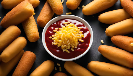A close up image of a bowl of ketchup with shredded cheese on top surrounded by crispy cheese sticksの写真素材