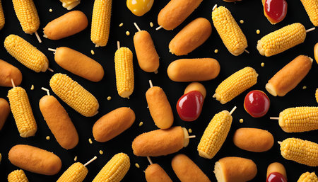A flat lay image showing a pattern of corn dogs and corn on the cob, arranged on a black background. It's a vibrant and appetizing display of classic American summer treats, ready to be enjoyed.の写真素材