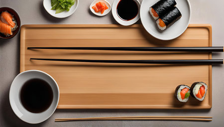 A close-up shot of a wooden tray with a sushi platter, chopsticks, and soy sauce. The sushi rolls are fresh and neatly arranged on the plate, showing the vibrant color of the salmon and seaweed.の写真素材