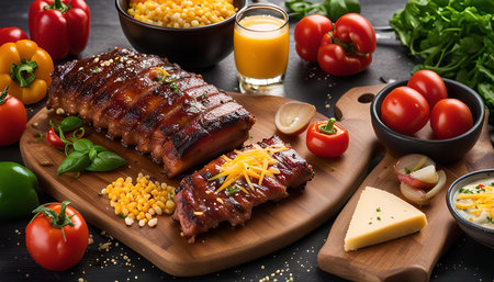 Close-up image of a plate of ribs with a barbecue sauce, surrounded by side dishes like corn kernels, tomatoes, peppers, and a glass of orange juice. The food looks delicious, juicy, and ready to be enjoyed.の写真素材
