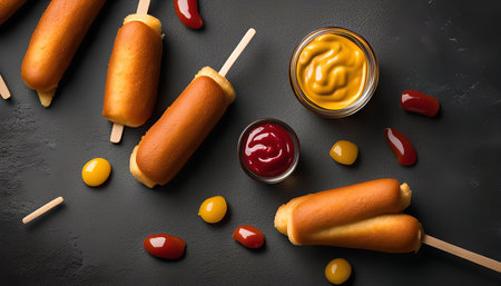 A flat lay of corn dogs with dipping sauces on a black surface. The corn dogs are arranged in a circular pattern with ketchup and mustard in small bowls. There are also drops of ketchup and mustard on the surface.の写真素材