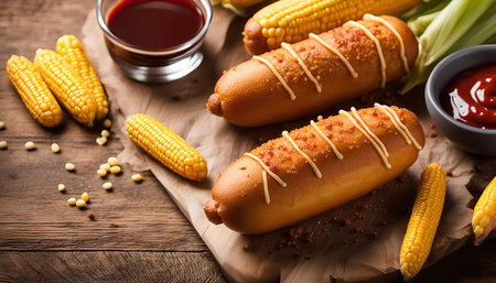 A close up of corn dogs with corn on the cob, ketchup, and mustard, perfect for a summer BBQ.の写真素材