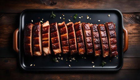 A close up of a black serving tray with delicious BBQ ribs on a wooden background.の写真素材