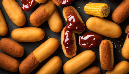 A close-up overhead shot of savory snacks, possibly corn dogs, drizzled with sweet sauce, displayed against a dark background, creating a tempting and delicious visual experience.の写真素材