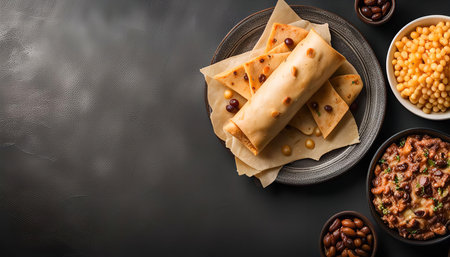 A close-up shot of a rolled-up tortilla on a plate, surrounded by various ingredients. The tortilla is golden brown and has a filling, while the surrounding ingredients include beans, cheese, sauce and chili. The image is taken from an overhead perspective on a dark background.の写真素材