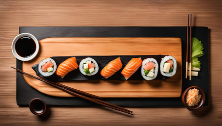 An assortment of salmon sushi rolls arranged on a wooden platter with soy sauce, chopsticks, ginger, and a side of wasabi.の写真素材