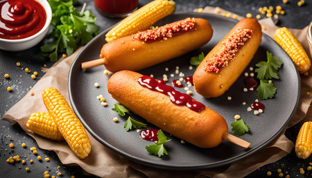 Three golden brown corn dogs are on a black plate, surrounded by corn kernels, corn on the cob, parsley, and ketchup.の写真素材